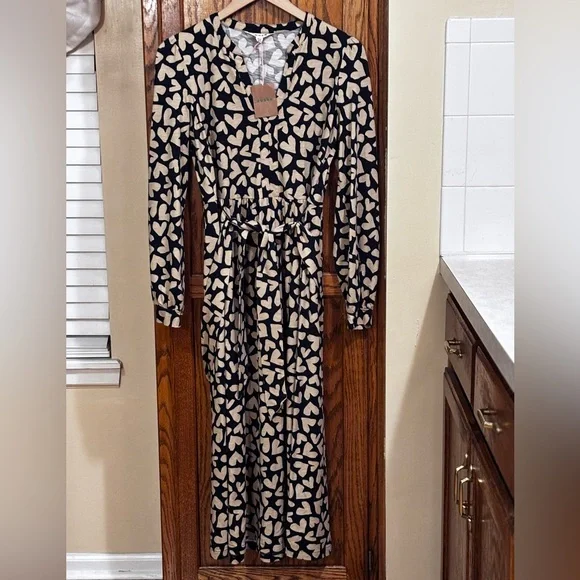 Boden Naomi Long Sleeve Jersey Dress Women’s French Navy Hearts Scattered 10 R - Picture 2 of 15